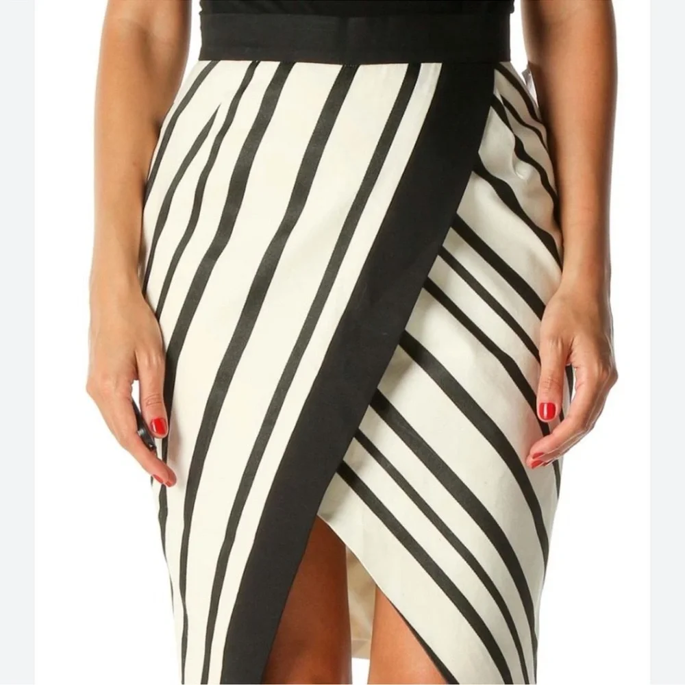 H&M Striped Wrap Skirt 4 Ivory Black High Waisted Lined Front Slit
